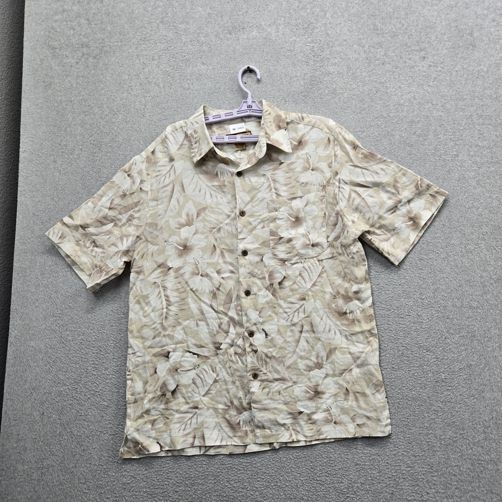 Caribbean Joe Men Button Up Shirt L Beige Floral Hawaiian Shirt